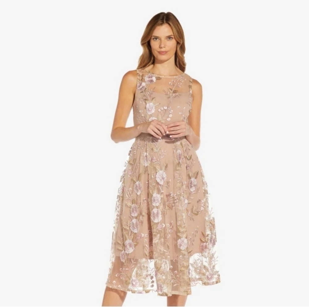 Adriana Papell floral embroidered sheer overlay dress